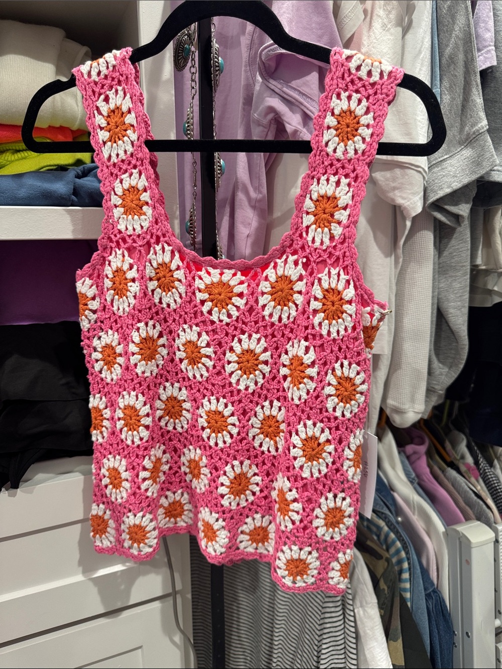 Handmade Pink Crochet Daisy-Print Tank Top